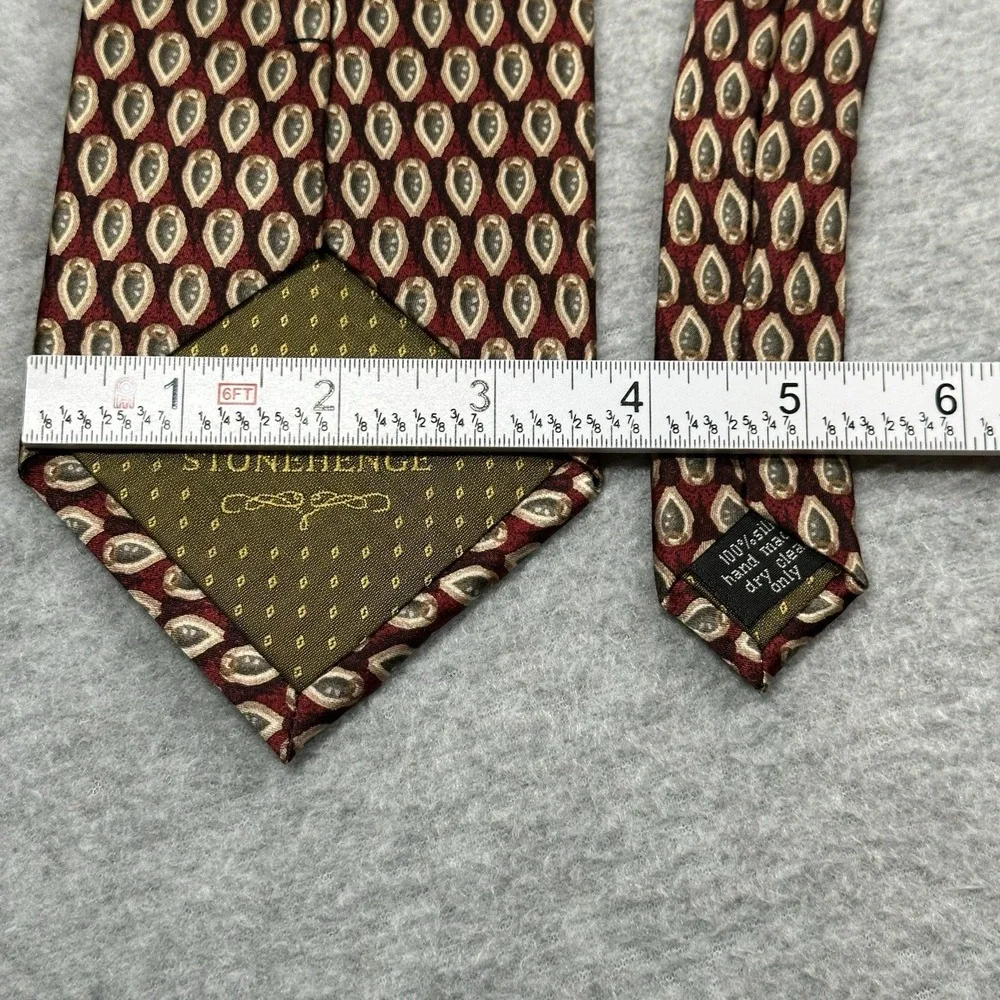 Stonehenge Necktie Red 100% Silk Geometric Green Paisley Print‎ Handmade